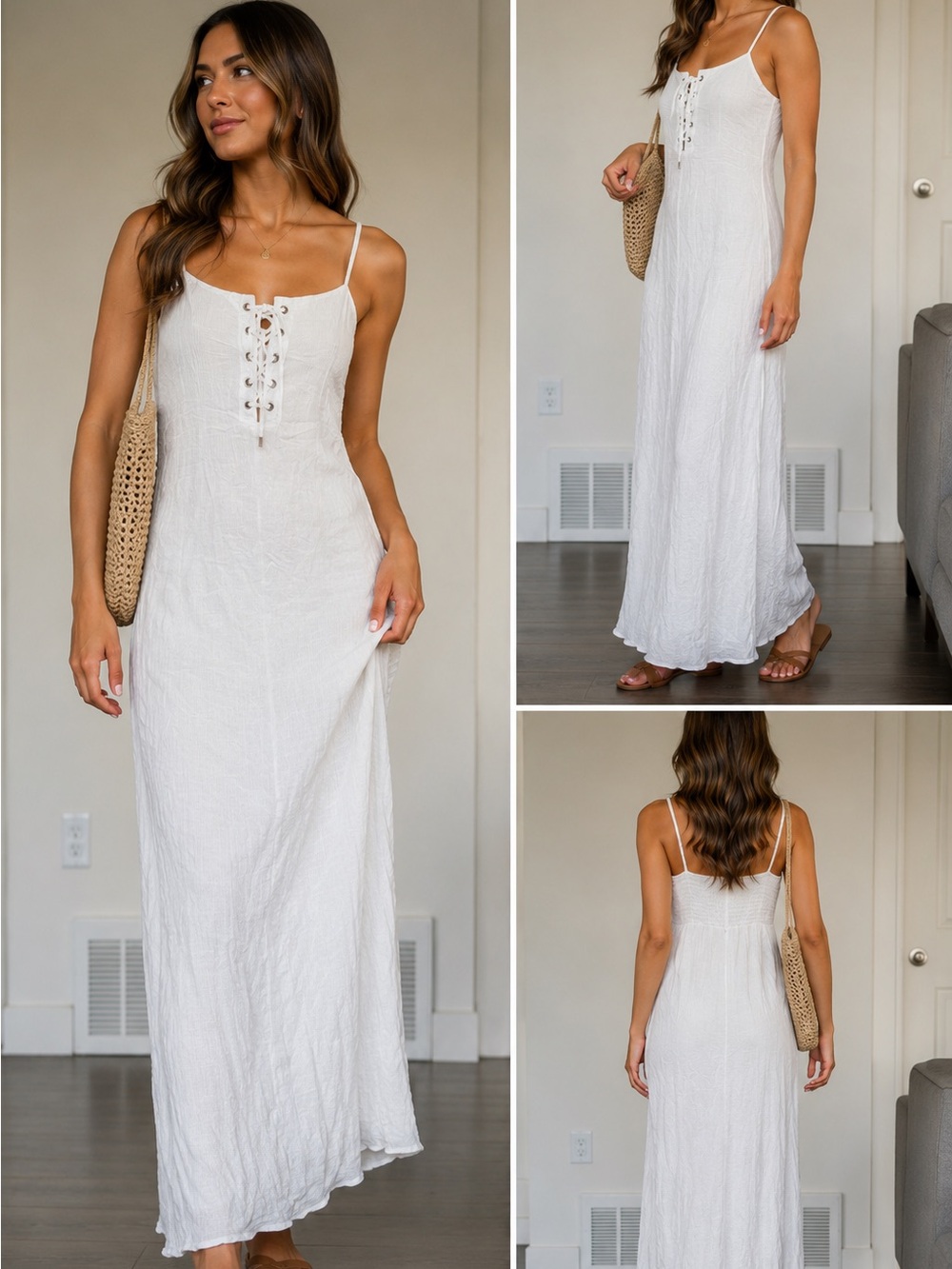 Garage White Lace-Up Textured Maxi Dress